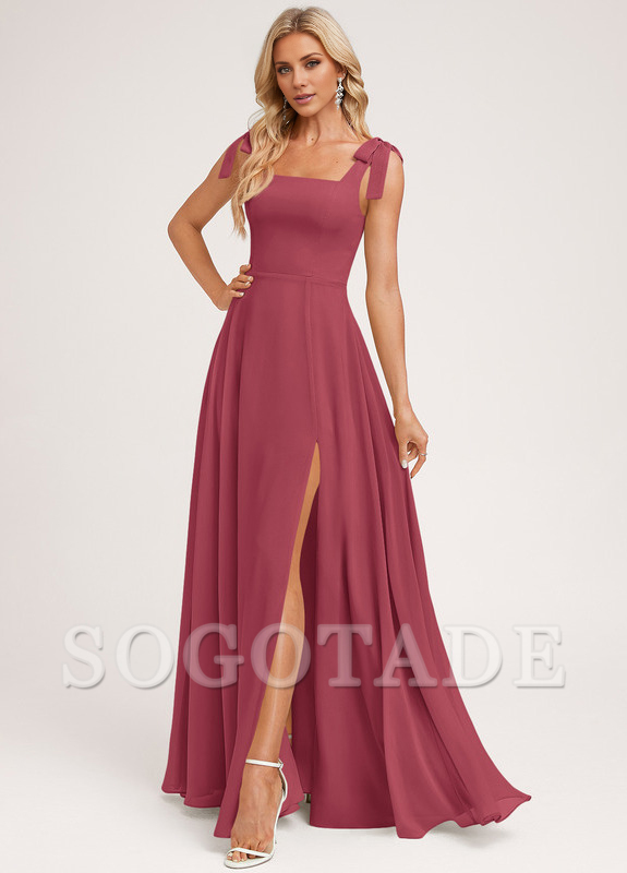 A-shaped square bow landing chiffon bridesmaid dress