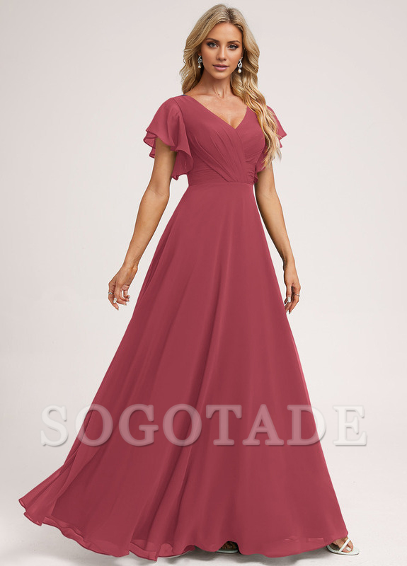 Ruffle A-line V-neck and floor chiffon bridesmaid dress