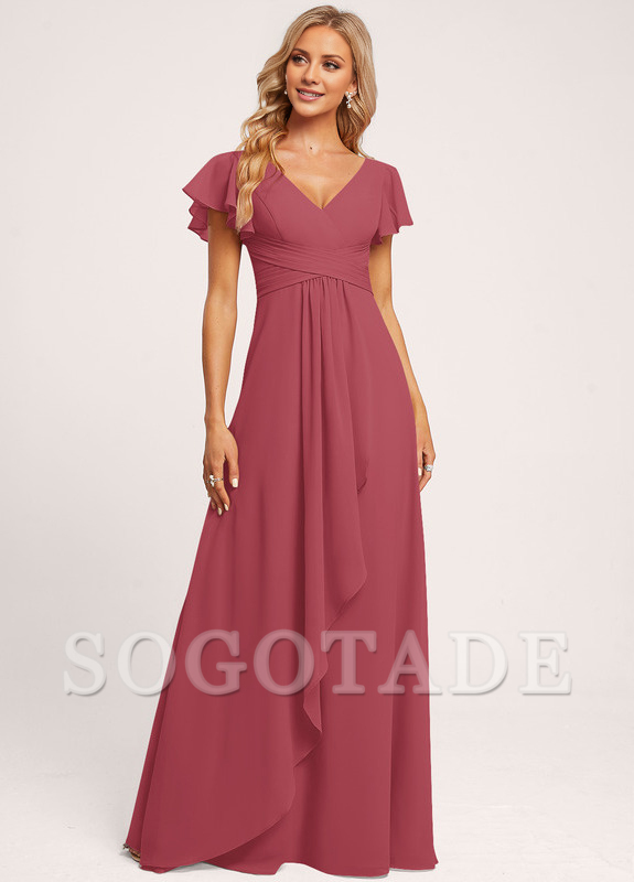 Ruffle A-line V-neck and floor chiffon bridesmaid dress