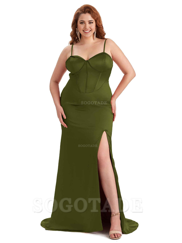 Sexy Spaghetti Straps Side Slit Sleeveless Mermaid Soft Satin Long Bridesmaid Dress Plus Size Dress To Wear to a Wedding