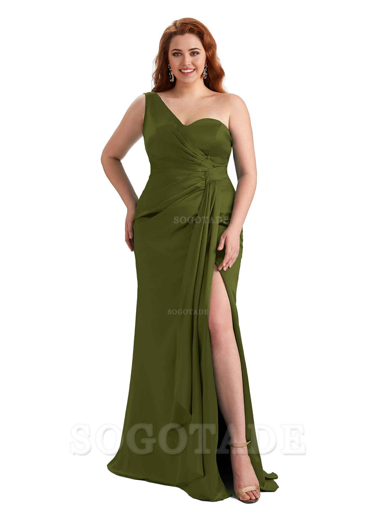  Sexy One Shoulder Side Hight Slit Mermaid Satin Floor Length Long Plus Size Bridesmaid Dress For Wedding