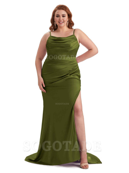 Sexy Jewel Side Slit Mermaid Soft Satin Long Plus Size Bridesmaid Dress For Wedding