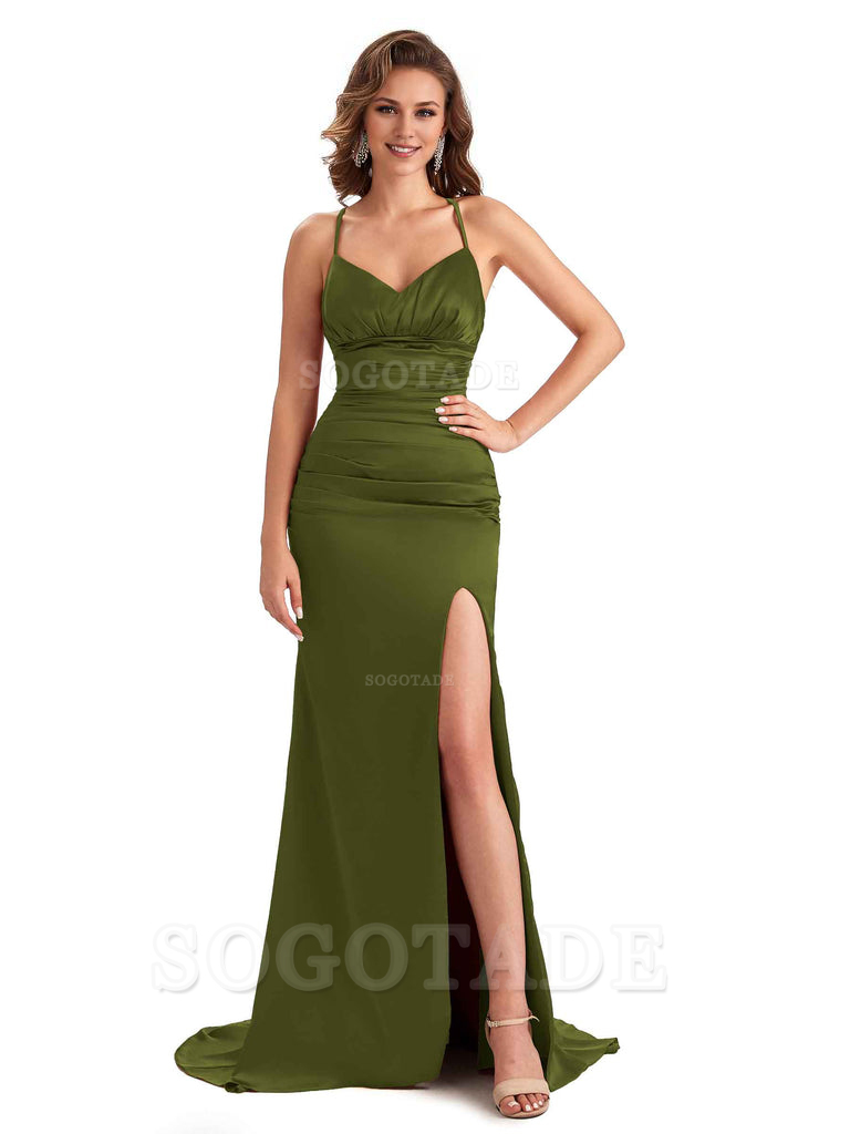 Sexy Mermaid Silky Satin Side Slit One Shoulder Unique Long Wedding Guest Dresses