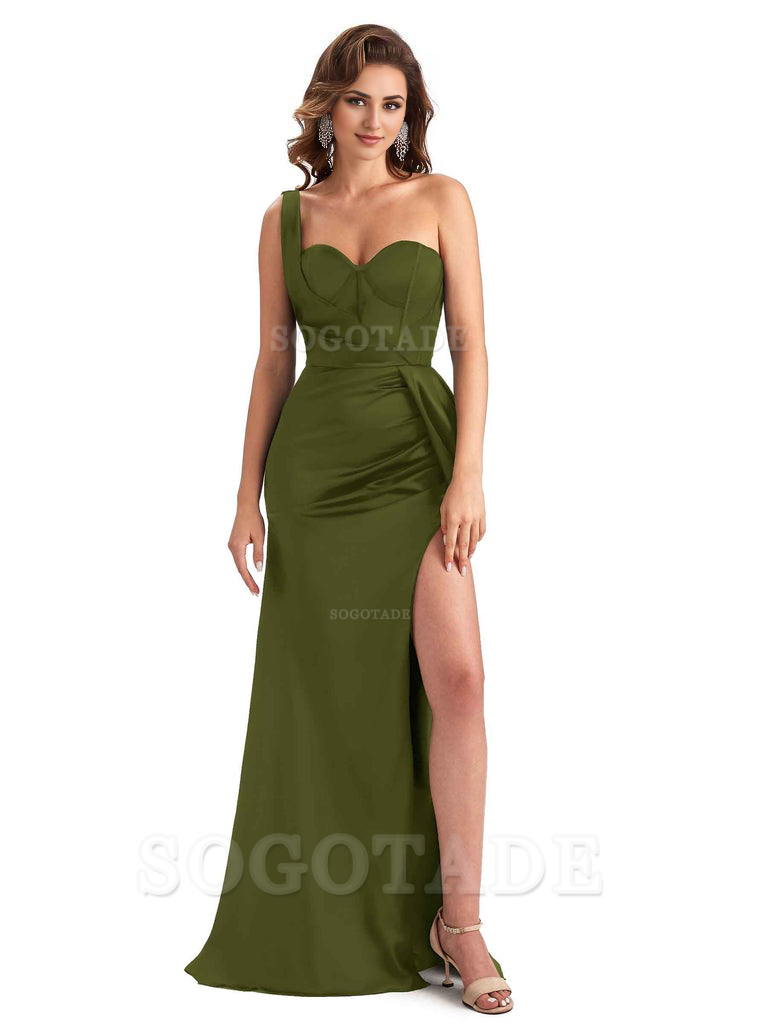 Sexy Mermaid Silky Satin Side Slit One Shoulder Unique Long Wedding Guest Dresses