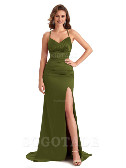 Sexy Mermaid Silky Satin Side Slit One Shoulder Unique Long Wedding Guest Dresses