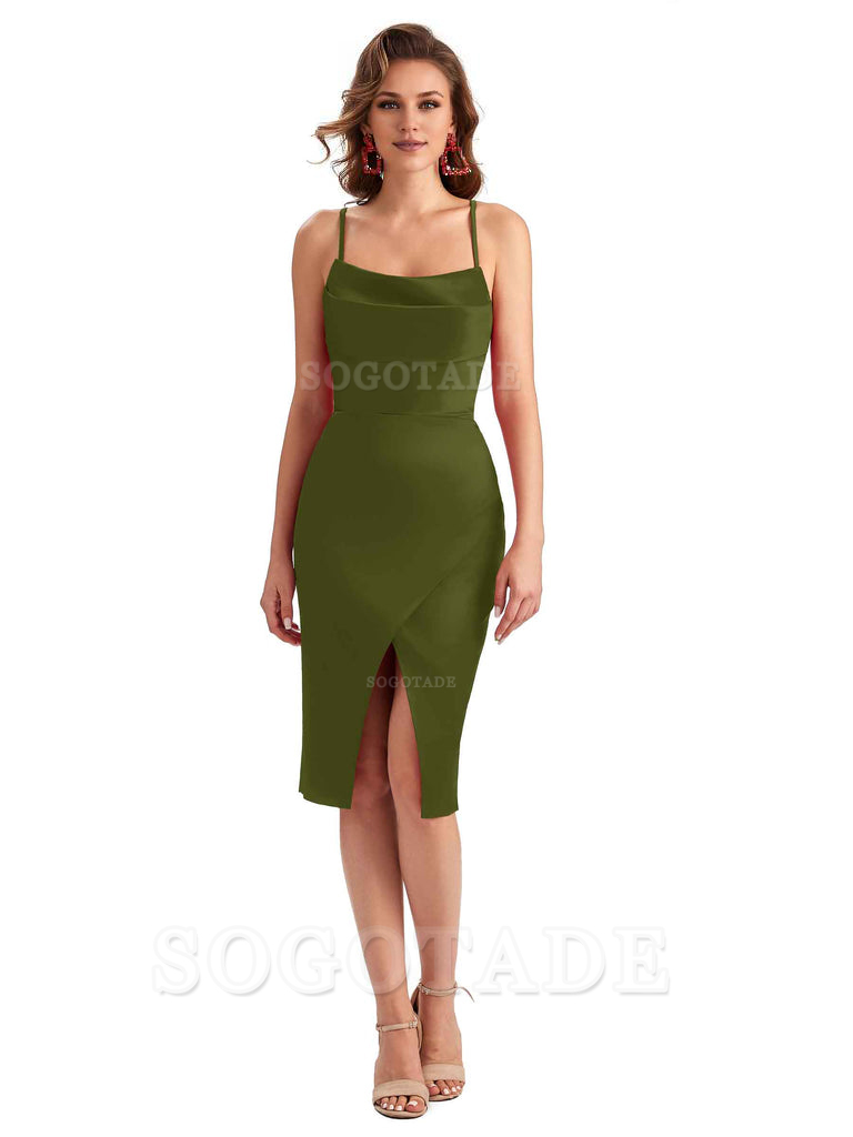 Elegant Spaghetti Straps Mermaid Soft Satin Knee Length Short Bridesmaid Dresses