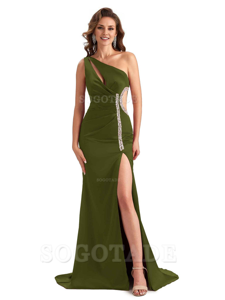 Sexy Side Slit Mermaid Soft Satin One Shoulder Lace Long Bridesmaid Dresses