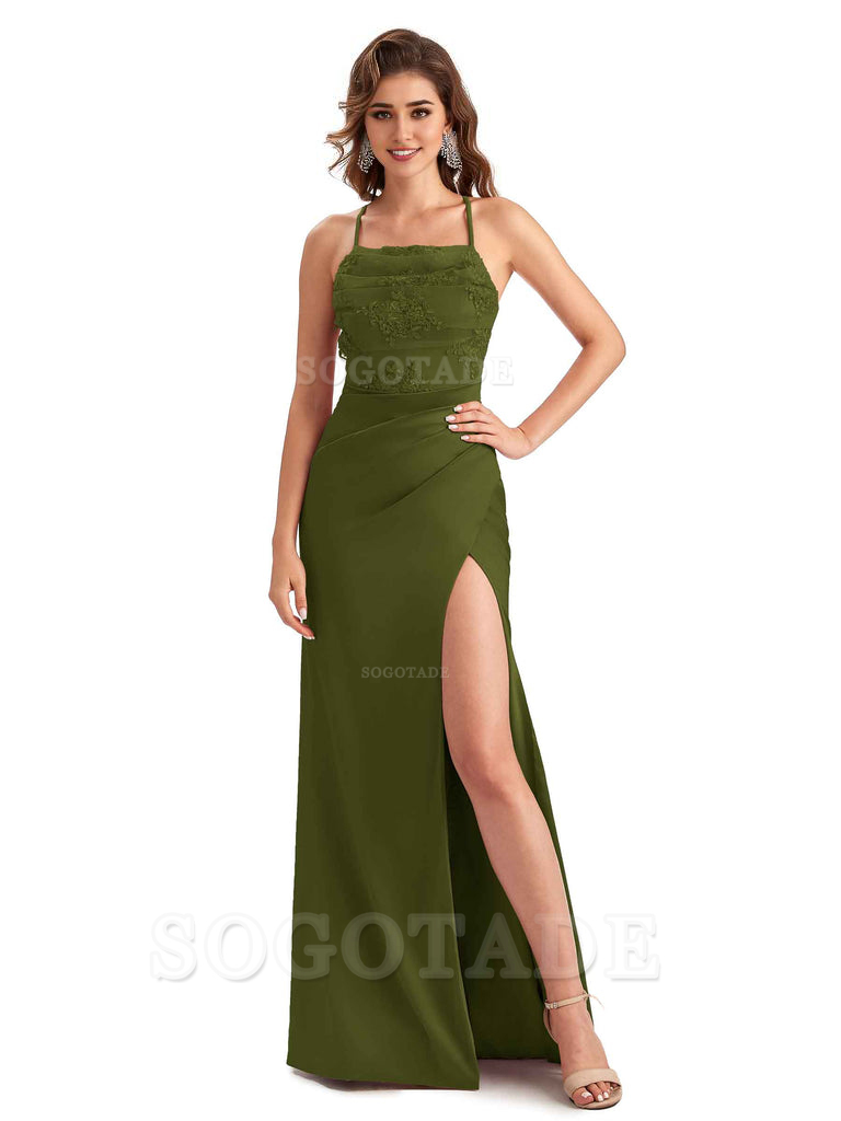 Sexy Side Slit Mermaid Lace Silky Satin Long Wedding Day Guest Dresses