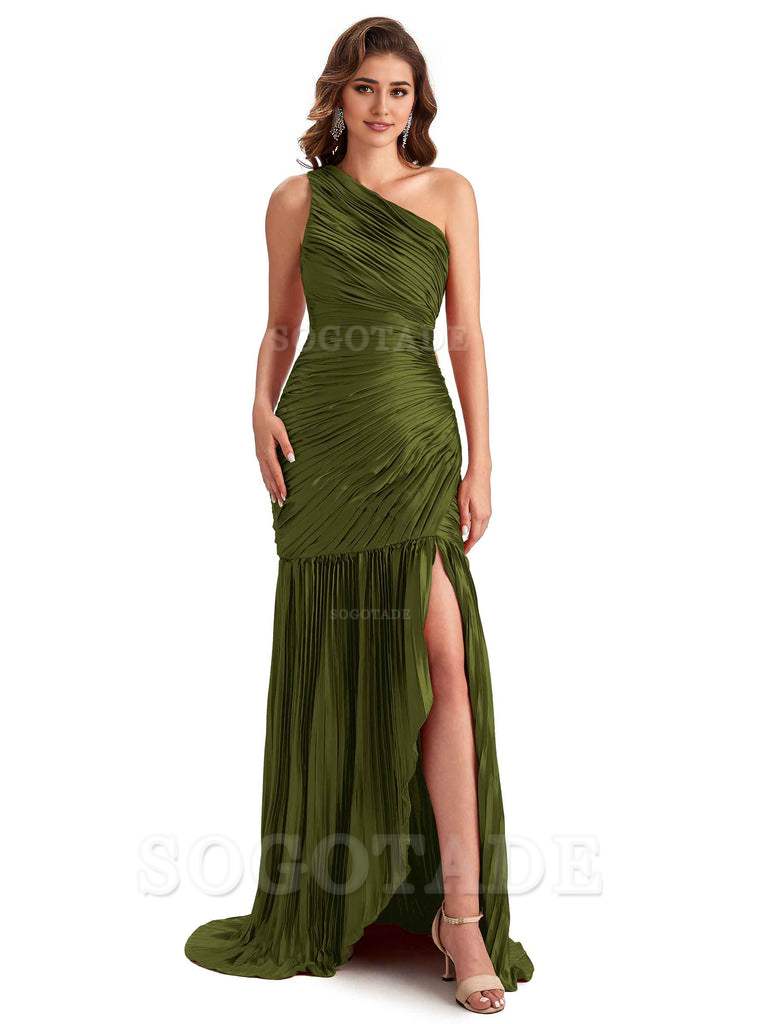 Sexy Side Slit Mermaid Soft Satin One Shoulder Long Ladies Bridesmaid Dresses Online