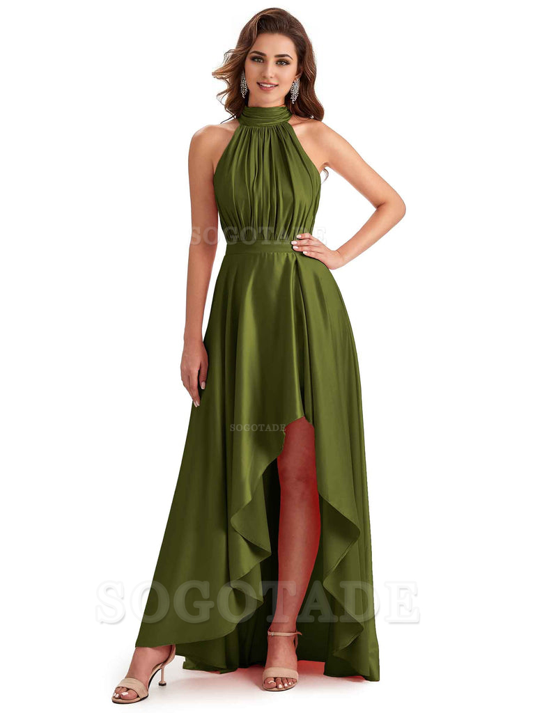 Soft Satin High Neck High Low A-Line Unique Bridesmaid Dresses Online