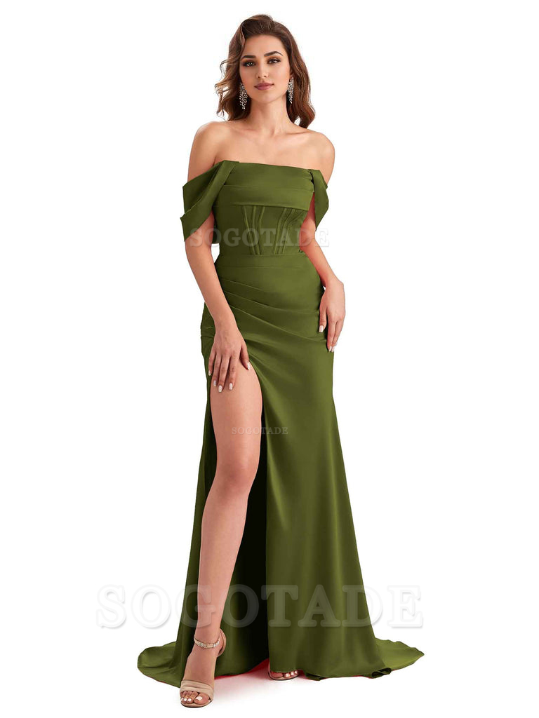 Sexy Side Slit Mermaid Soft Satin Off The Shoulder Unique Long Wedding Attendee Dresses