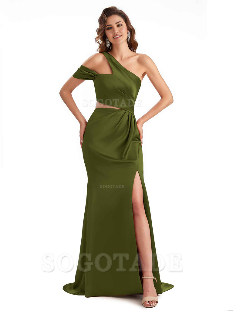 Sexy Side Slit Mermaid Soft Satin One Shoulder Long Unique Bridesmaid Dresses