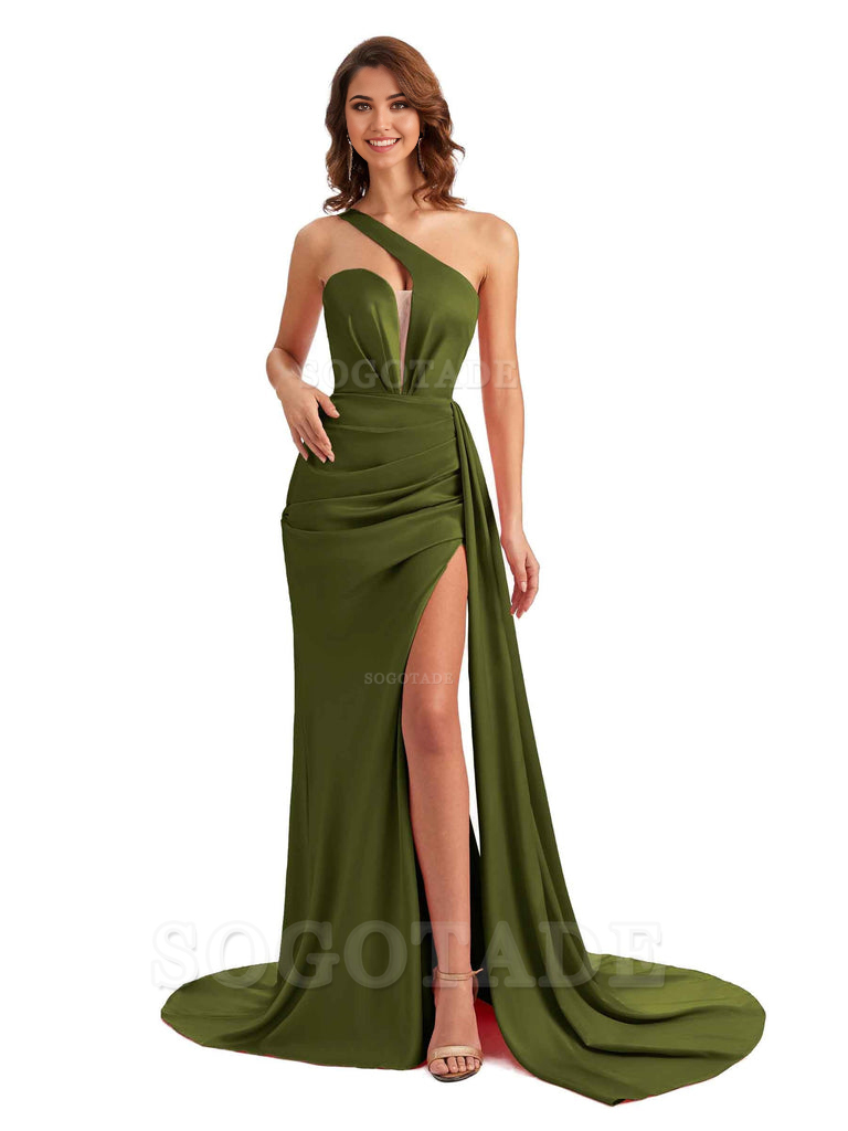 Mermaid One Shoulder Satin formal dresses evening gown Bridesmaid Dresses With Side Slit