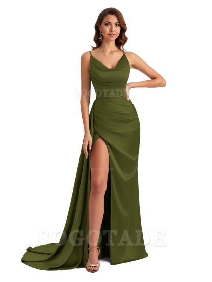 Mermaid Cowl Spaghetti Satin formal dresses evening gown Bridesmaid Dresses With Side Slit