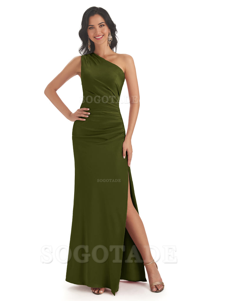 Mermaid One Shoulder Satin formal dresses evening gown Bridesmaid Dresses With Side Slit 
