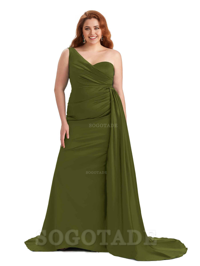 Sexy One Shoulder Sleeveless Mermaid Soft Satin Long Plus Size With Train Bridesmaid Gowns