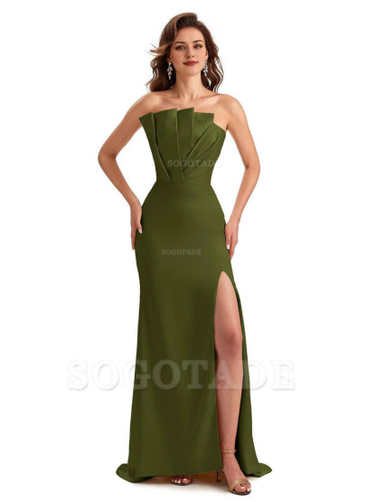 Unique Soft Satin Side Slit Asymmetrical Neckline Mermaid Long Bridesmaid Dresses