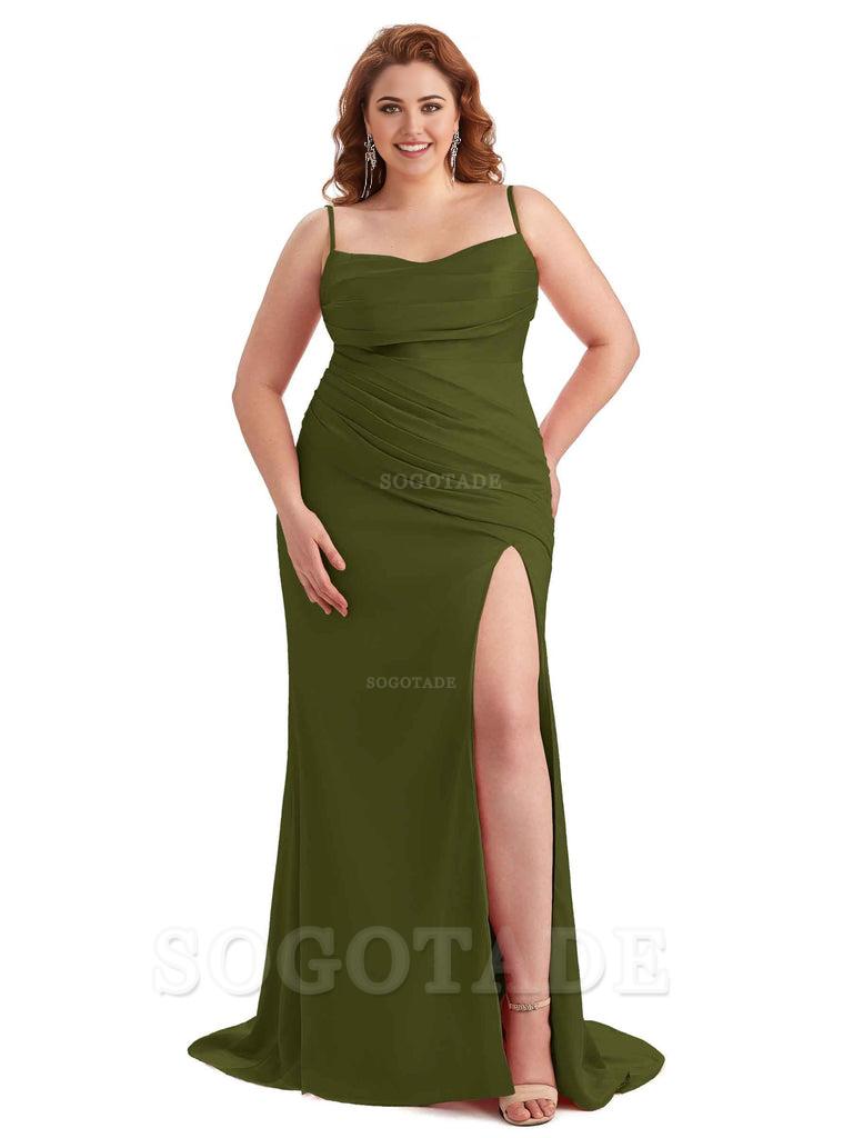 Sexy Side Slit Spaghetti Straps Mermaid Soft Satin Long Plus Size Bridesmaid Dress For Wedding