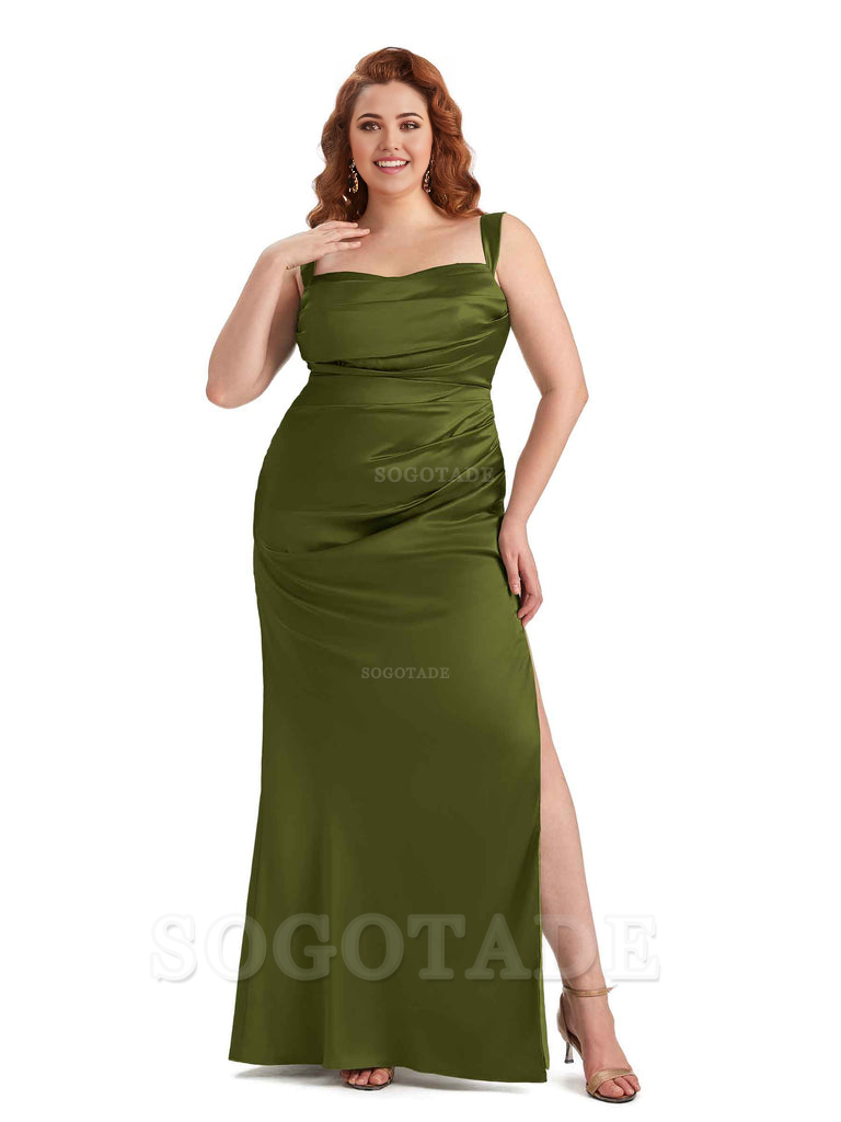 Sexy Side Slit Mermaid Wide Straps Soft Satin Long Plus Size Maid of Bridesmaid Dresses