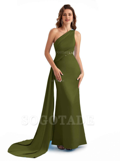 Sexy Mermaid Silky Satin One Shoulder Lace See Through Long Bridesmaid Dresses Online