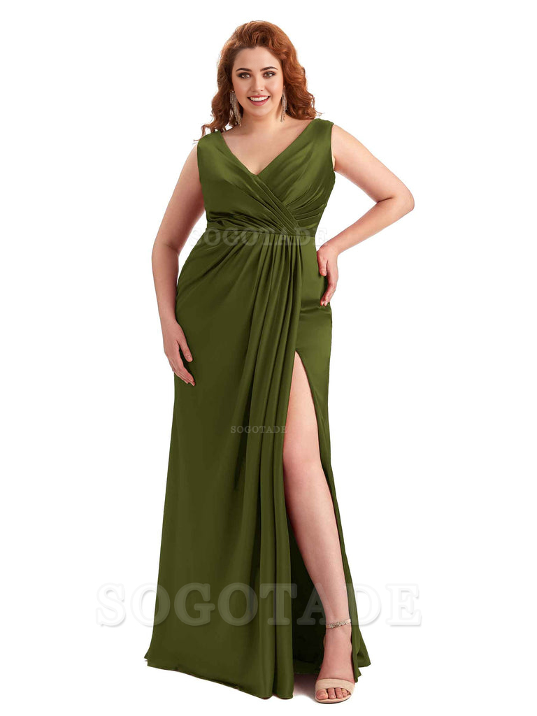 Mermaid V-Neck Satin formal dresses evening gown Bridesmaid Dresses With Side Slit 