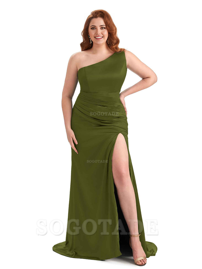 One Shoulder Sexy Side Slit Sleeveless Mermaid Soft Satin Long Plus Size Bridesmaid Dress For Wedding