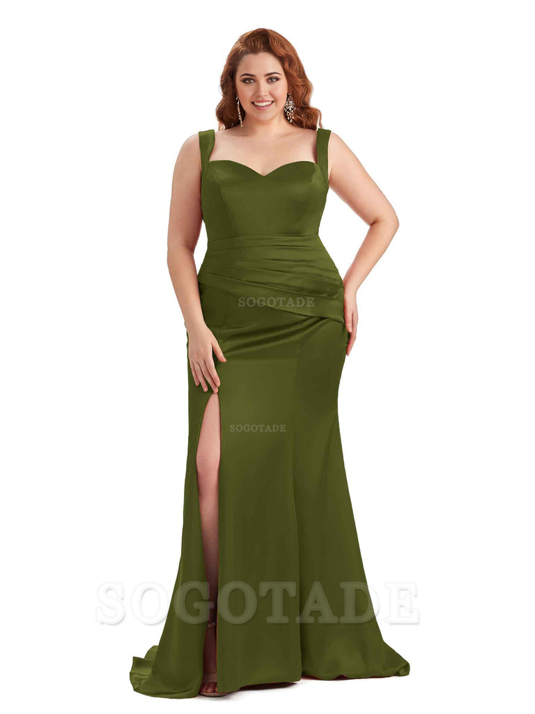 Sexy Side Slit Sleeveless Mermaid Straps Soft Satin Long Plus Size Maid of Bridesmaid Dresses