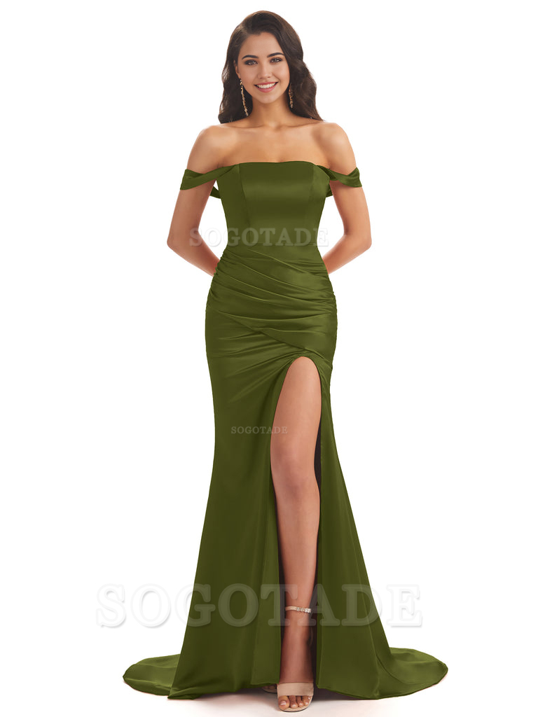Mermaid Off Shoulder Floor-Length Satin formal dresses evening gown Bridesmaid Dresses With Side Slit 
