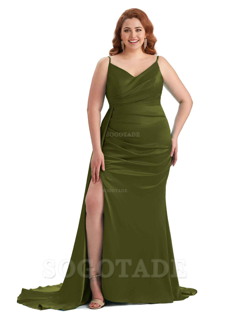 Sexy Side Slit Mermaid Spaghetti Straps V Neck Soft Satin Long Plus Size Maid of Honor Dresses 