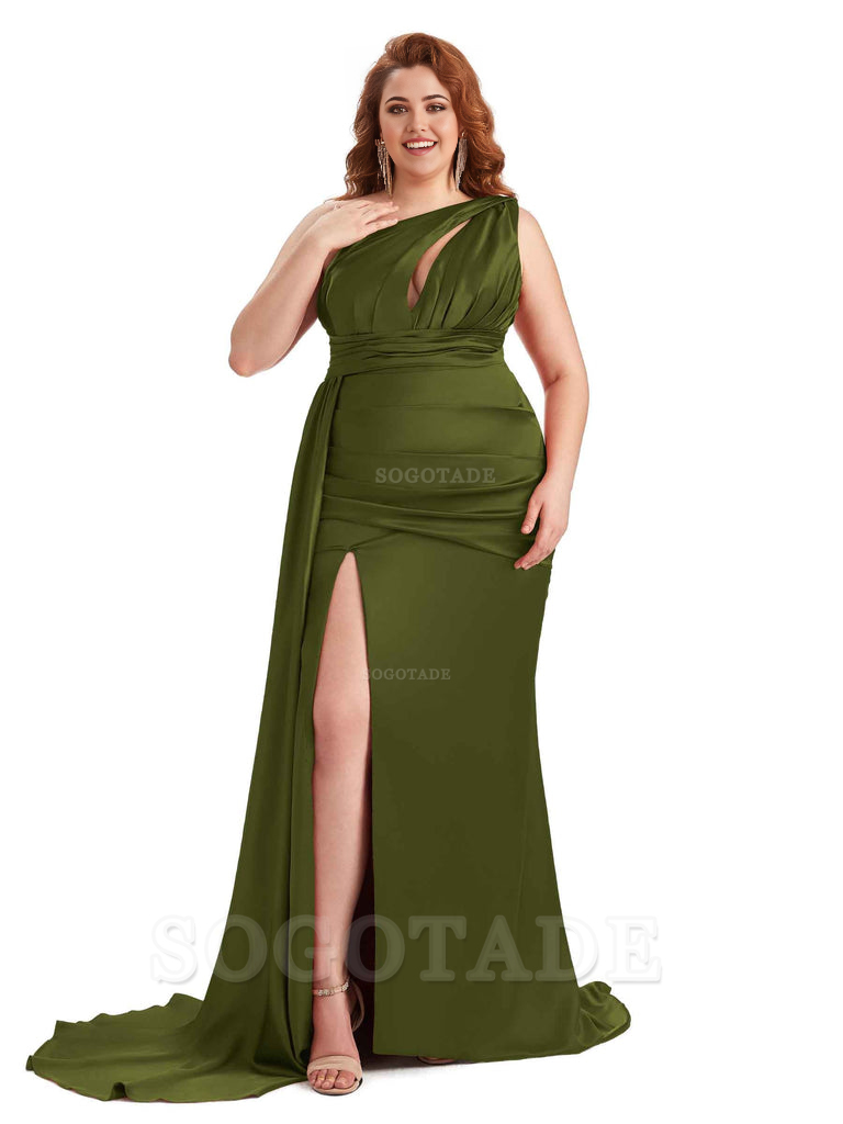 Elegant One Shoulder Side Slit Sleeveless Mermaid Soft Satin Long Plus Size Bridesmaid Dress For Wedding