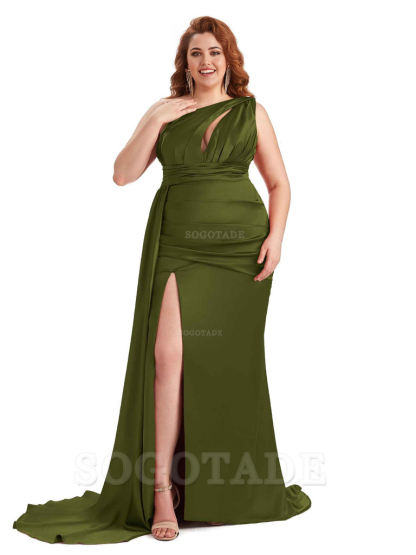 Elegant One Shoulder Side Slit Sleeveless Mermaid Soft Satin Long Plus Size Bridesmaid Dress For Wedding