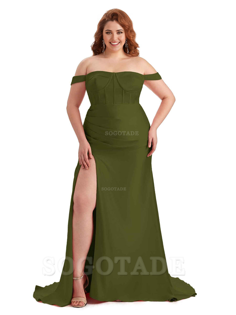 Elegant Off The Shoulder Side Slit Mermaid Soft Satin Floor Length Long Plus Size Bridesmaid Gowns