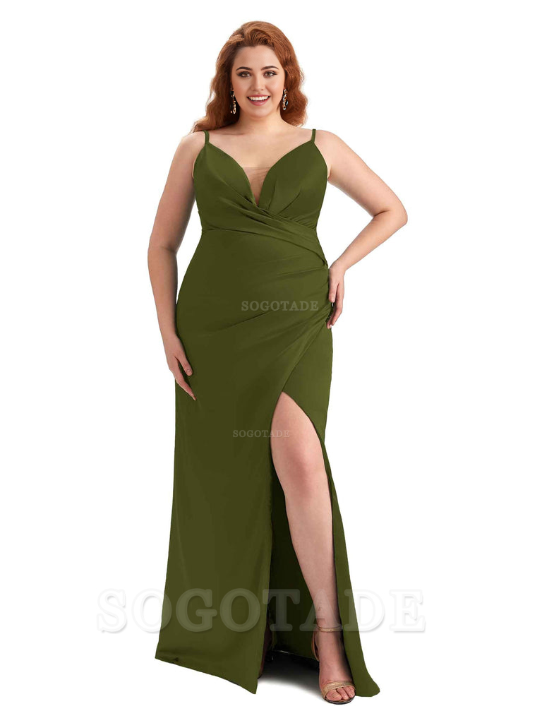 Sexy Side Slit Spaghetti Straps Sleeveless Mermaid V-neck Soft Satin Long Plus Size Bridesmaid Dress For Wedding