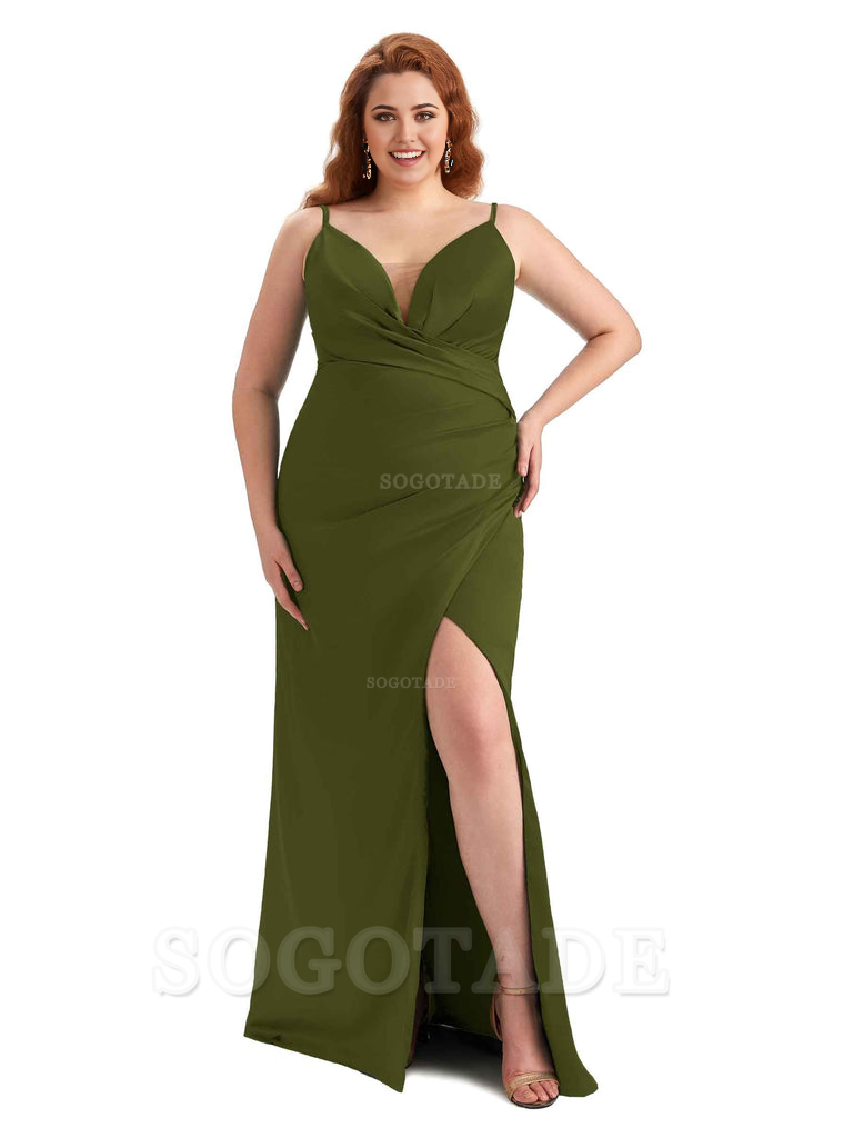 Sexy Side Slit Spaghetti Straps Sleeveless Mermaid V-neck Soft Satin Long Plus Size Bridesmaid Dress For Wedding