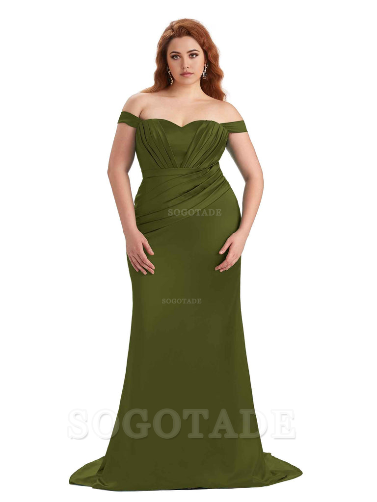 Sexy Mermaid Off The Shoulder Sweetheart Soft Satin Floor Length Long Plus Size Maid of Honor Dresses