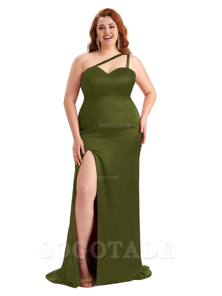 Sexy Side Slit Sleeveless Mermaid One Shoulder Soft Satin Long Plus Size Bridesmaid Dress For Wedding