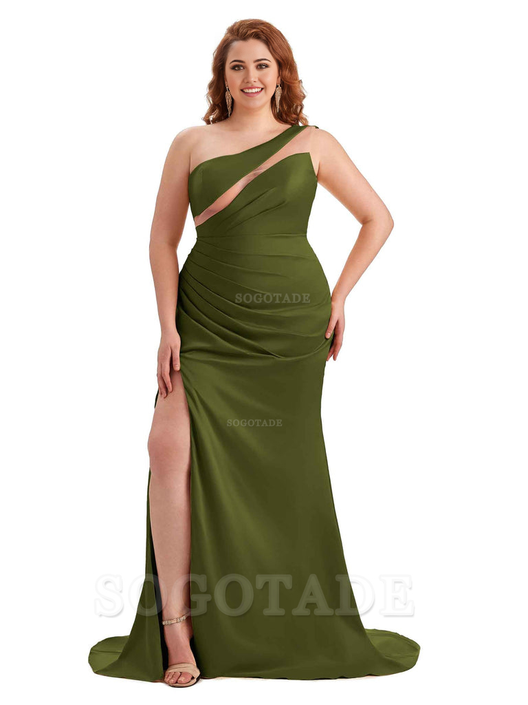 Sexy Unique Sleeveless One Shoulder Side Hight Slit Mermaid Soft Satin Long Plus Size Maid of Honour Dresses