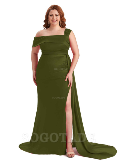 Sexy Side Hight Slit One Shoulder Mermaid Soft Satin Long Plus Size With Train Matron of Honor Dresses