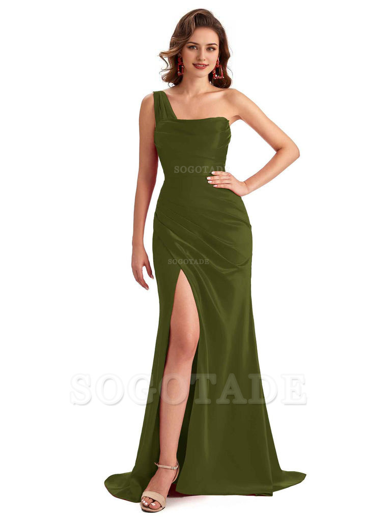 Sexy One Shoulder Side Slit Silky Satin Chic Long Mermaid Trumpet Bridesmaid Dress
