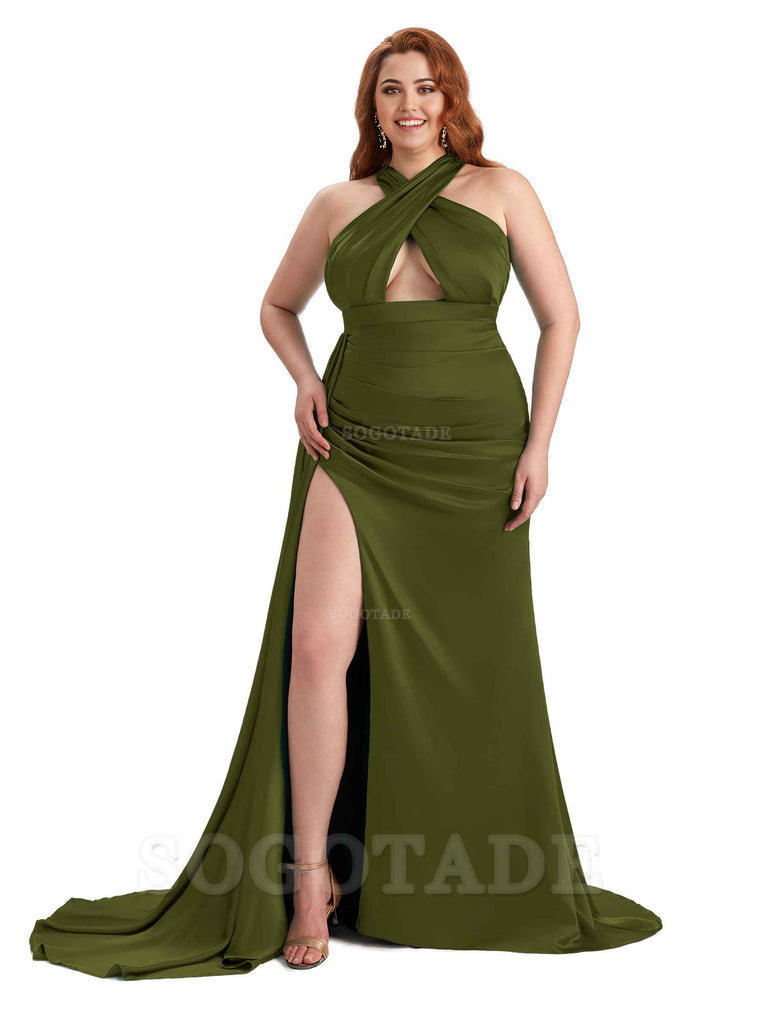 Sexy Halter Side Hight Slit Sleeveless Mermaid Soft Satin Long Plus Size Bridesmaid Dress For Wedding