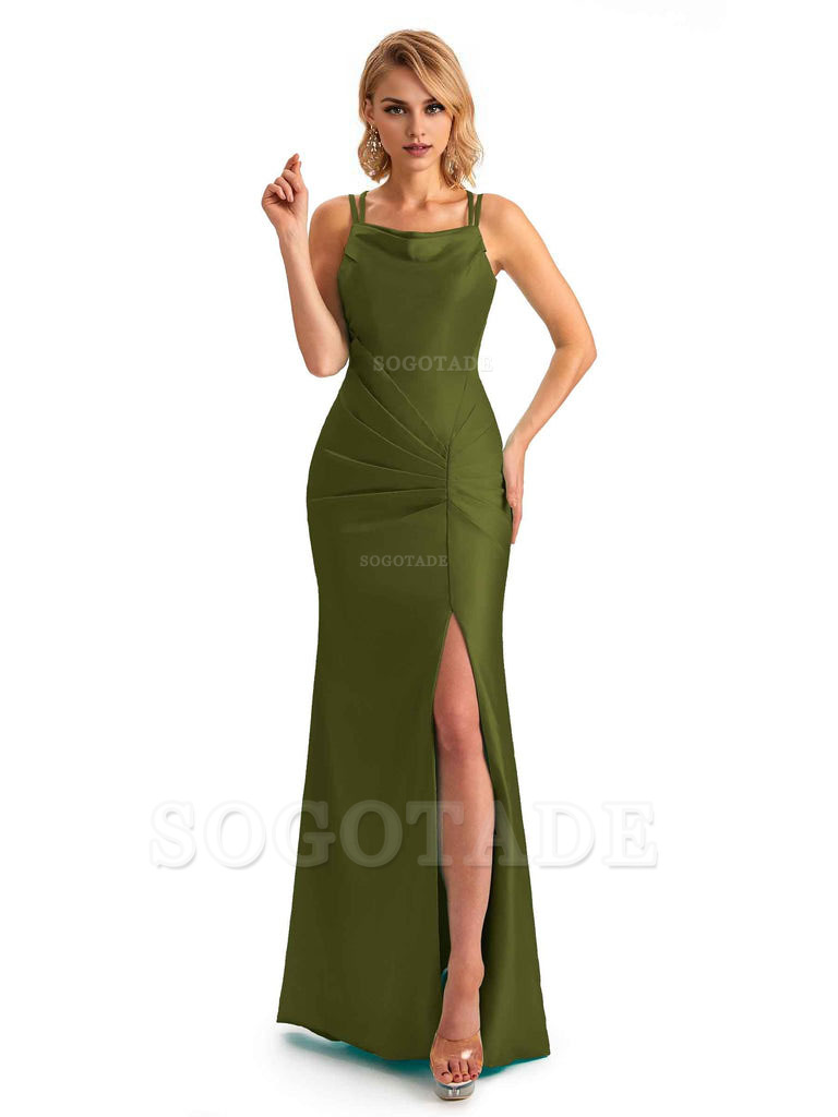 Soft Satin Spaghetti Straps Side Slit Long Unique Mermaid Beautiful Dresses For Wedding
