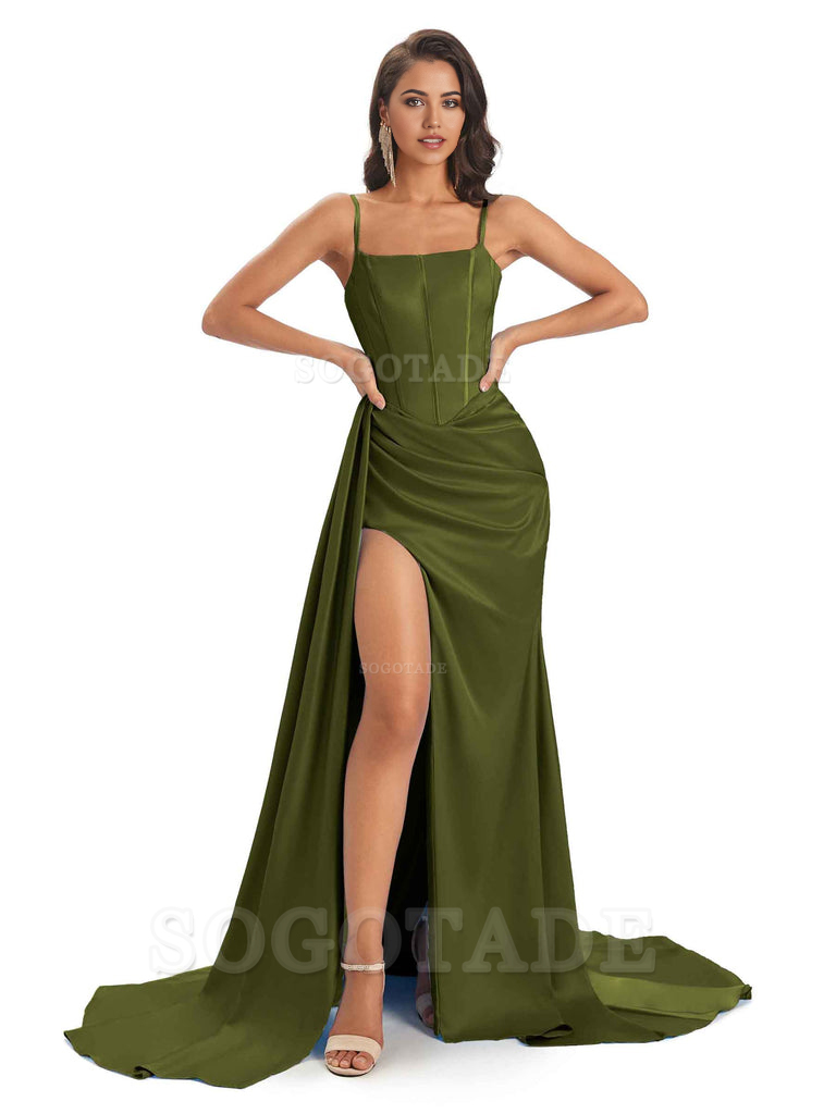 Spaghetti Straps Floor-Length Satin formal dresses evening gown Bridesmaid Dresses With Side Slit 