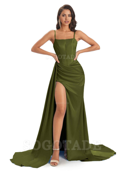 Spaghetti Straps Floor-Length Satin formal dresses evening gown Bridesmaid Dresses With Side Slit 