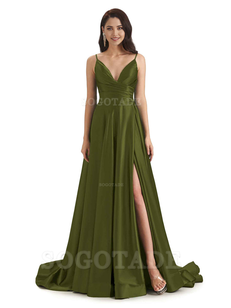 Spaghetti Straps Satin formal dresses evening gown Bridesmaid Dresses With Side Slit 