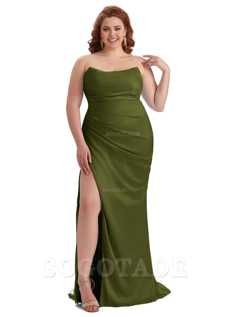 Sexy Side Slit Sleeveless Strapless Mermaid Soft Satin Long Plus Size Bridesmaid Dresses For Wedding