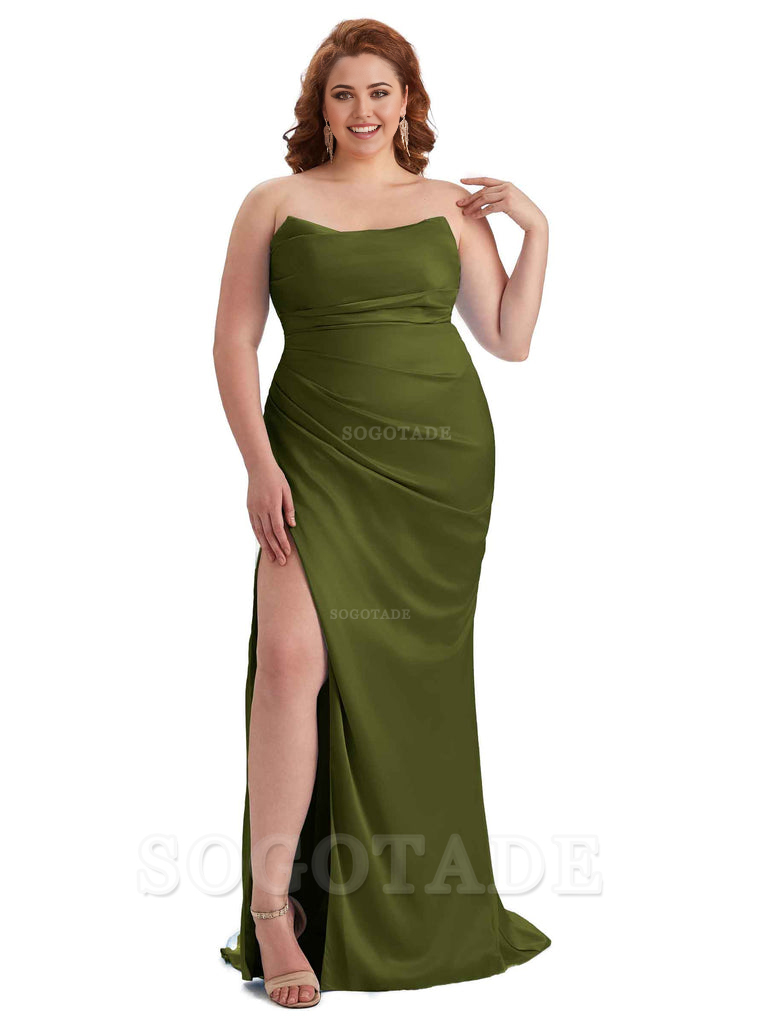 Sexy Side Slit Sleeveless Strapless Mermaid Soft Satin Long Plus Size Bridesmaid Dresses For Wedding