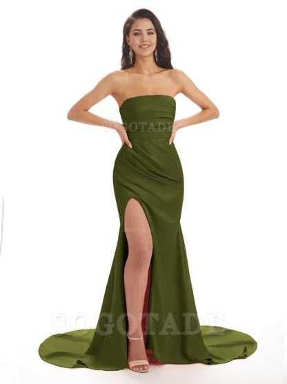 Mermaid Strapless Floor-Length Satin formal dresses evening gown Bridesmaid Dresses With Side Slit 