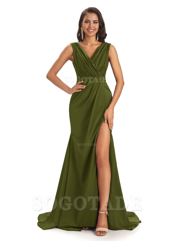 A-line V-neck Floor-Length Satin formal dresses evening gown Bridesmaid Dresses With Side Slit 