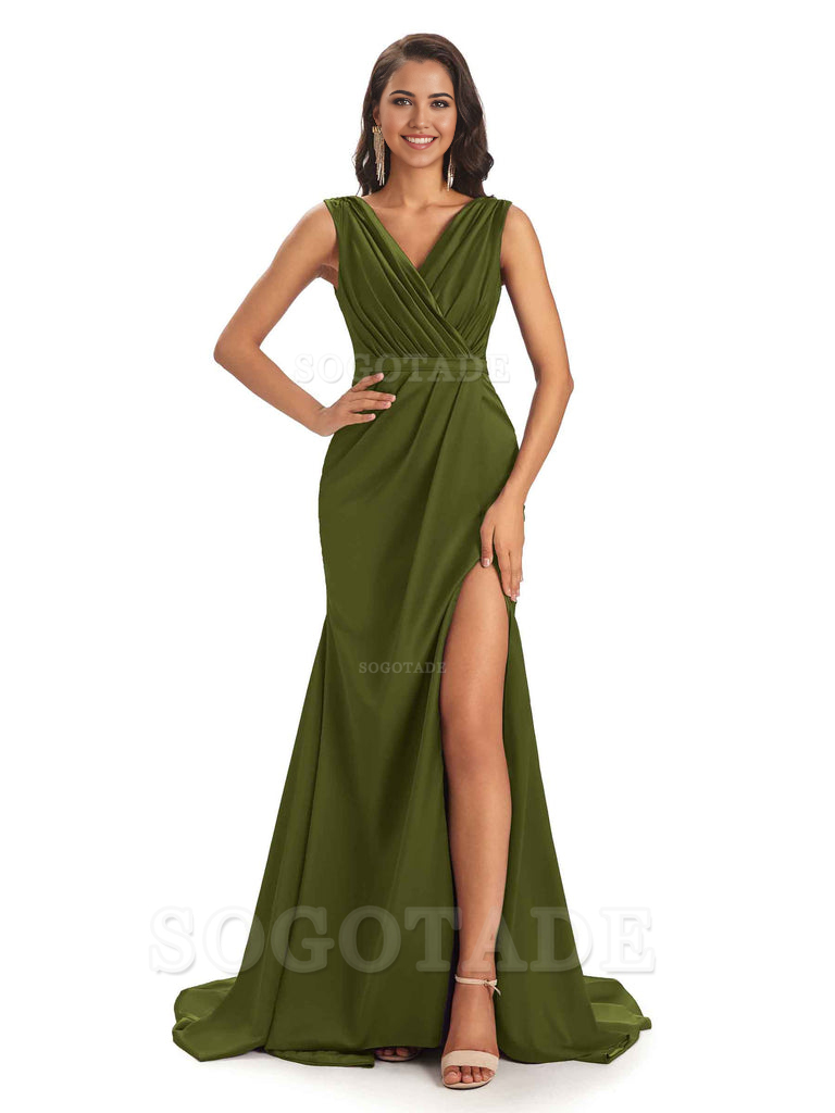 A-line V-neck Floor-Length Satin formal dresses evening gown Bridesmaid Dresses With Side Slit 