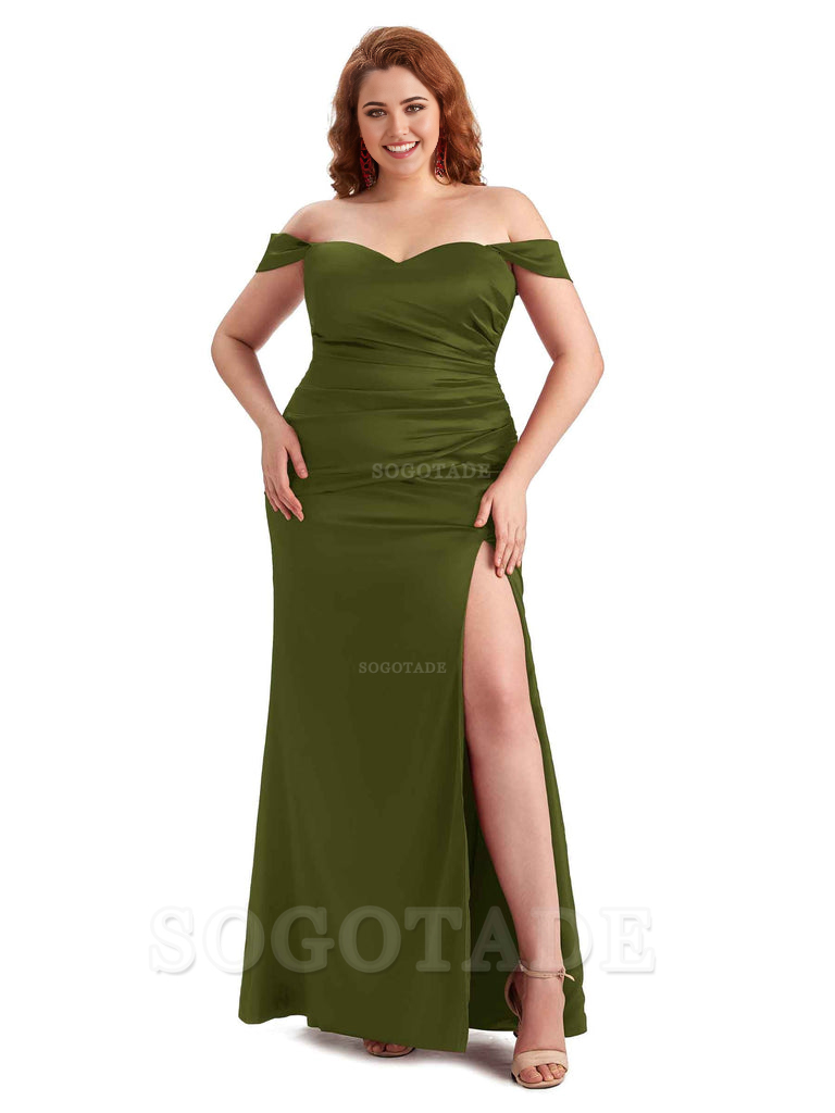 Sexy Off The Shoulder Sleeveless Side Slit Mermaid Soft Satin Long Plus Size Bridesmaid Dresses